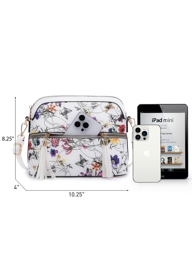 Dasein Women Tassel Zipper Pocket Crossbody Bag Shoulder Purse Fashion Travel Bag with Multi Pockets (00-White Floral) - Image 3