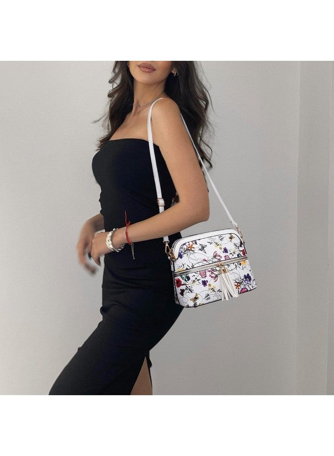 Dasein Women Tassel Zipper Pocket Crossbody Bag Shoulder Purse Fashion Travel Bag with Multi Pockets (00-White Floral) - Image 1