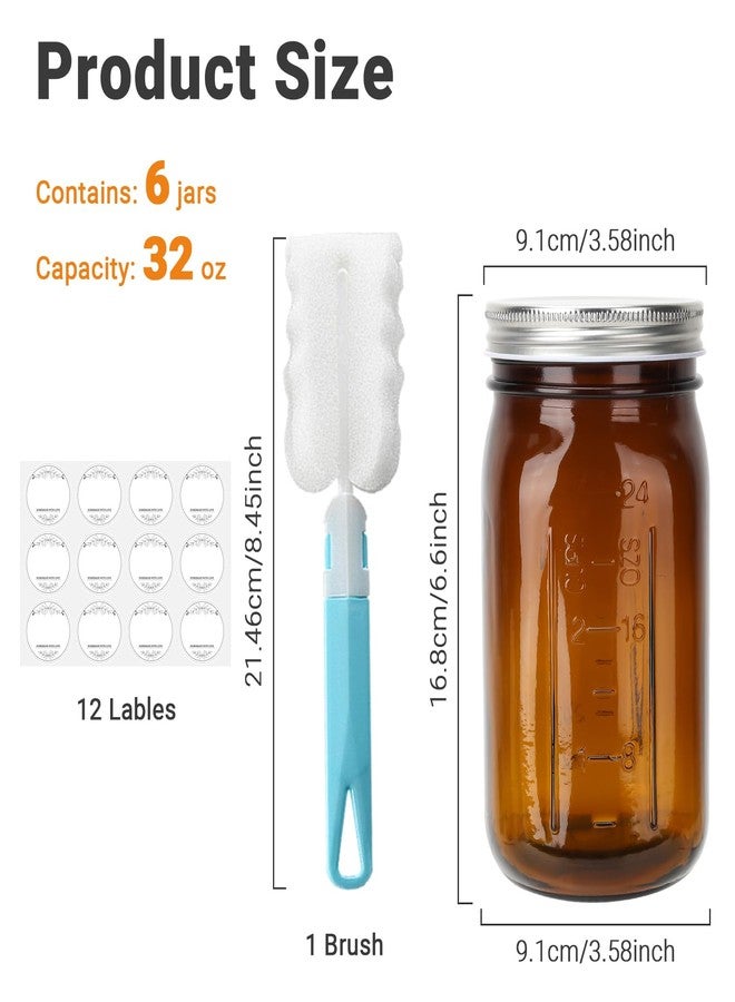 DHSBTLS 32 oz Glass Mason Jars, 6 Pack Amber Wide Mouth Glass Canning Jars with Silver Aluminum Lids and Bands, Airtight Jars for Food Storage, Canning, Overnight Oats, Fermenting, Pickling, Decor - Image 2