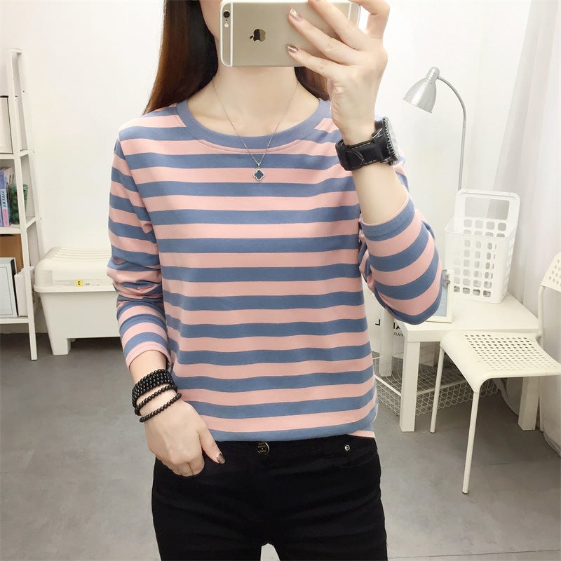 chubby girl plus size Loose Slimming Cotton Long-sleeved T-shirt Womens Spring Striped 100.00kg Base Shirt Mother Clothes powder blue