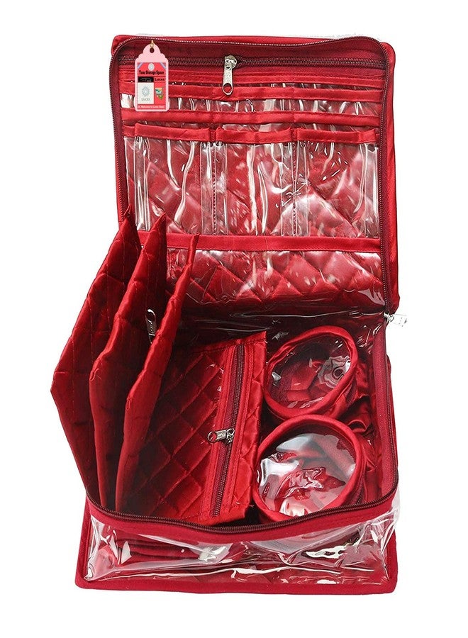 LUCES Combo Maroon 2 Bangle Chain Necklace Jewelry Pouch with Blue Ring Earring Box Satin Wardrobe Organizer Jewellery Vanity Box - Image 2