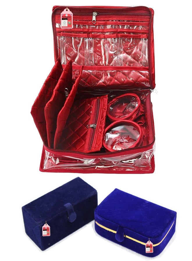 LUCES Combo Maroon 2 Bangle Chain Necklace Jewelry Pouch with Blue Ring Earring Box Satin Wardrobe Organizer Jewellery Vanity Box - Image 1