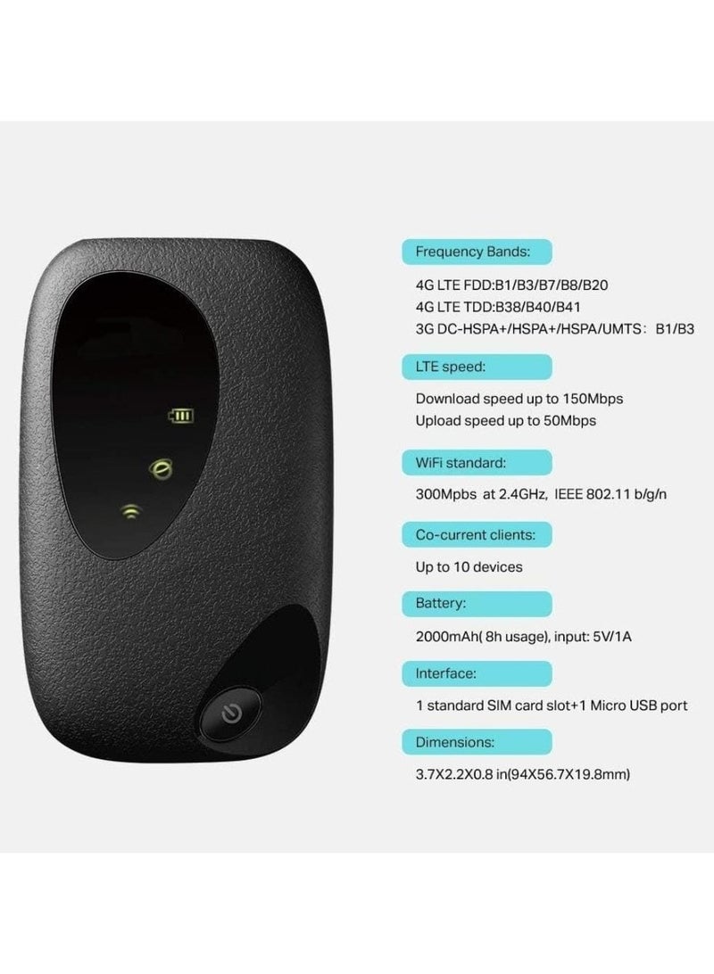 4G LTE 150Mbps Mobile Wi Fi M7200 Mobile Hot Spot, Plug n Play 150Mbps 4G FDD TDD LTE, Upto 10 Devices, 2000mAh Battery Compatible with All Sim Cards, Black  - Image 2