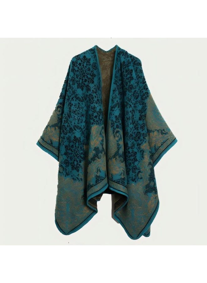 ILovhaprty Vintage Cape Shawl - Ultra Soft & Warm Cashmere-Like Fabric, Elegant Winter Hijab, Abaya Wrap, Dark Green Floral Pattern with Gold Accents Reversible Floral Jacquard Pattern Modest Fashion for Women - Image 1