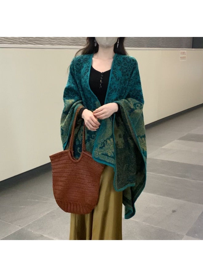 ILovhaprty Vintage Cape Shawl - Ultra Soft & Warm Cashmere-Like Fabric, Elegant Winter Hijab, Abaya Wrap, Dark Green Floral Pattern with Gold Accents Reversible Floral Jacquard Pattern Modest Fashion for Women - Image 4