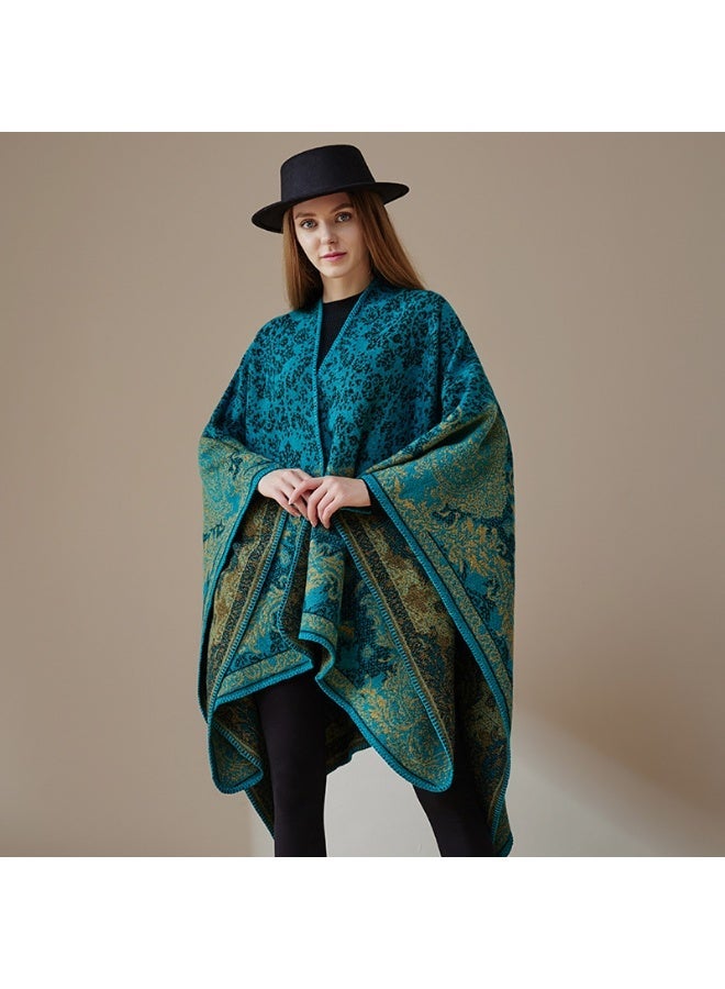 ILovhaprty Vintage Cape Shawl - Ultra Soft & Warm Cashmere-Like Fabric, Elegant Winter Hijab, Abaya Wrap, Dark Green Floral Pattern with Gold Accents Reversible Floral Jacquard Pattern Modest Fashion for Women - Image 3