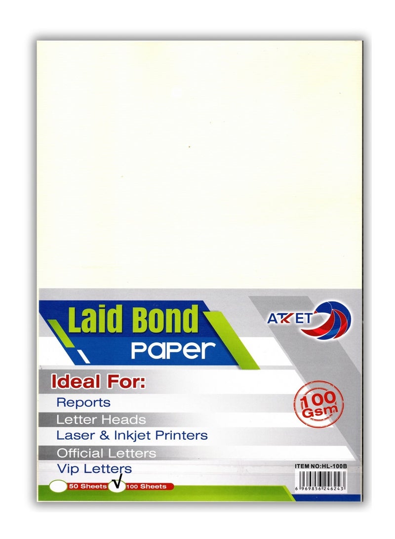 ATKET 100-Piece A4 Size Executive Laid Bond Paper Cream Colour 100gsm Thickness - Image 1