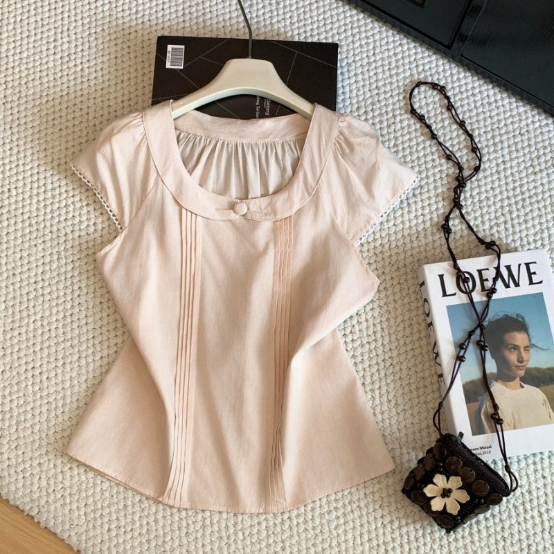 Women's Short Sleeve Peter Pan Collar Shirt with Waist Belt, Solid Color, Korean Style - Image 5
