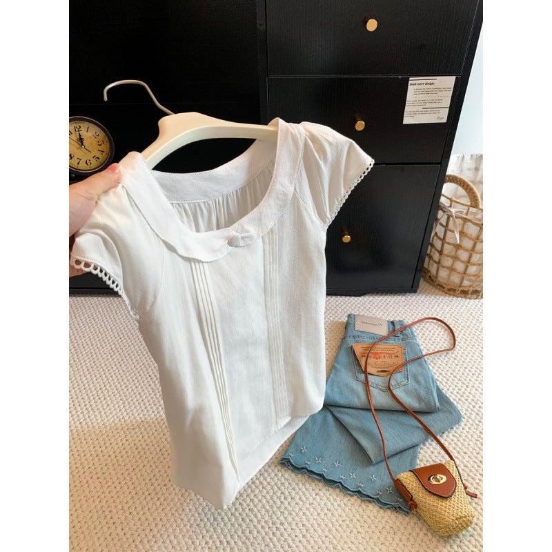 Women's Short Sleeve Peter Pan Collar Shirt with Waist Belt, Solid Color, Korean Style - Image 2