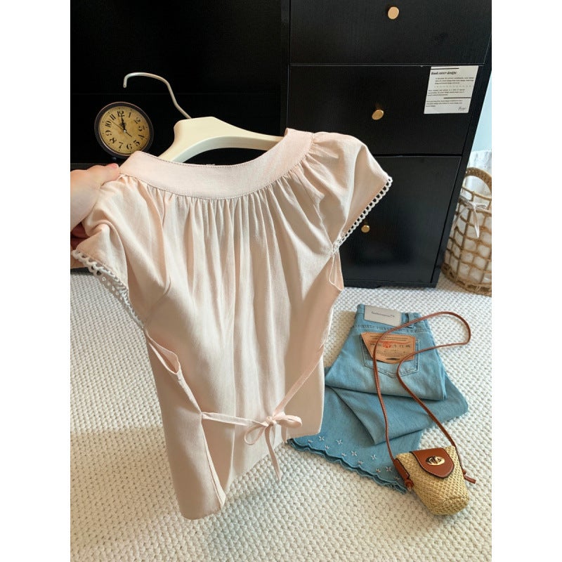 Women's Short Sleeve Peter Pan Collar Shirt with Waist Belt, Solid Color, Korean Style - Image 3