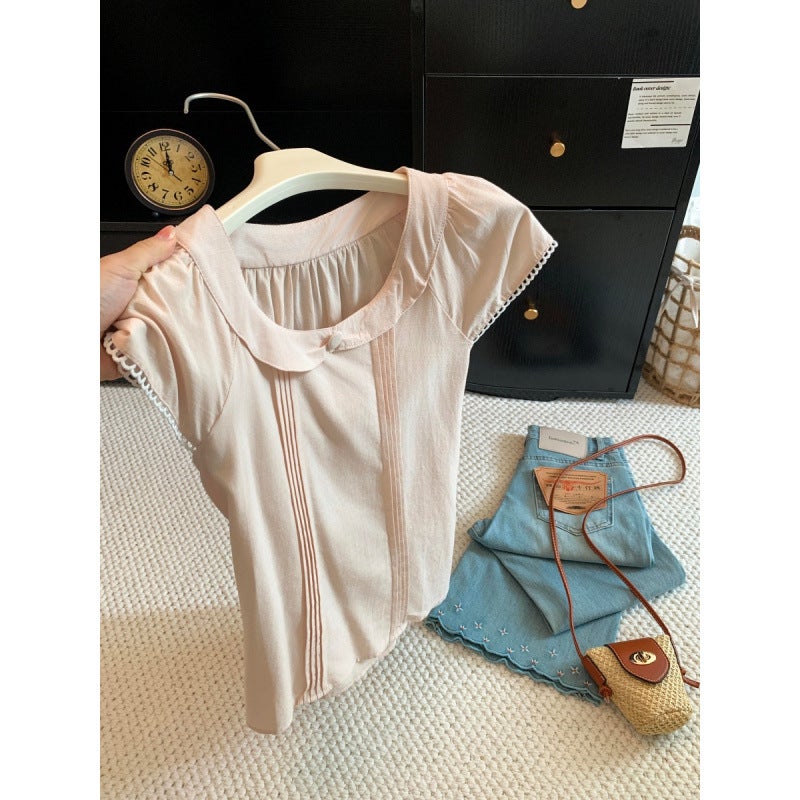 Women's Short Sleeve Peter Pan Collar Shirt with Waist Belt, Solid Color, Korean Style - Image 1