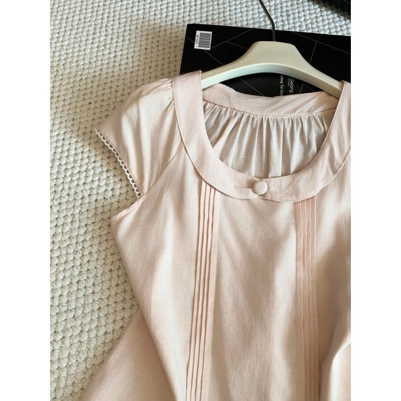 Women's Short Sleeve Peter Pan Collar Shirt with Waist Belt, Solid Color, Korean Style - Image 4