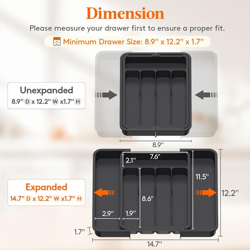 Lifewit Silverware Drawer Organizer, Expandable Utensil Tray for Kitchen, BPA Free Flatware and Cutlery Holder, Adjustable Plastic Storage for Spoons Forks Knives, 8.9-14.7 x 12.2", Black - Image 3
