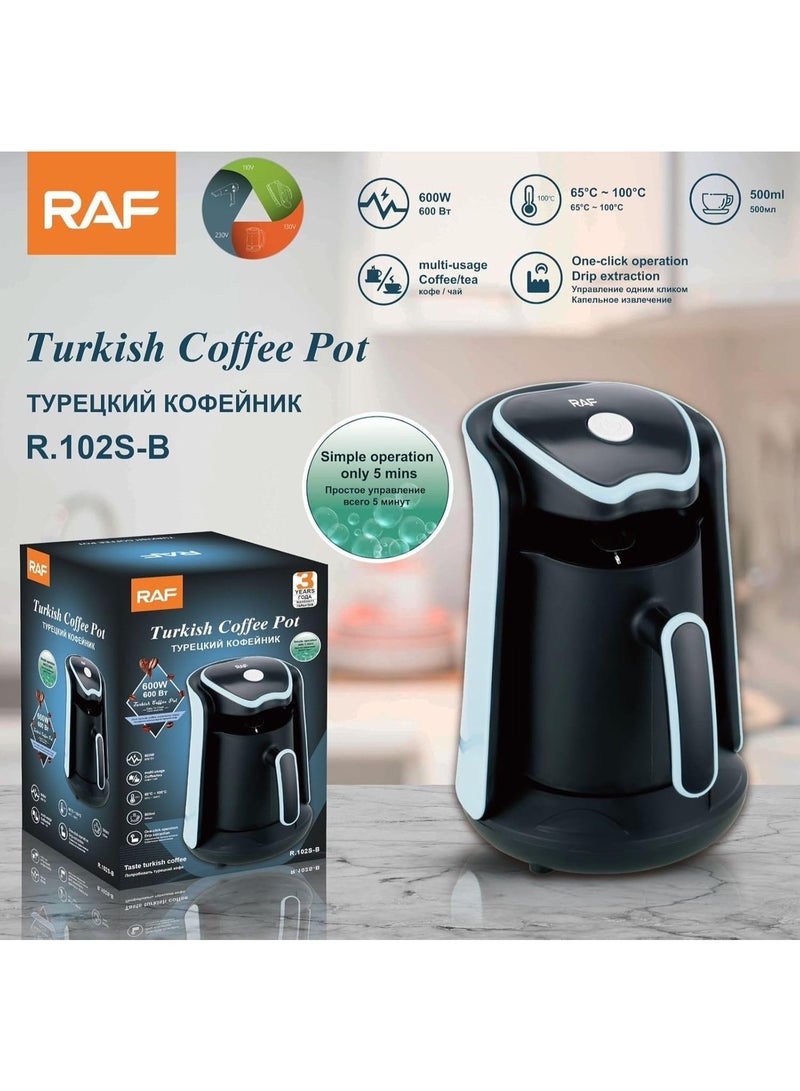 آر إيه أف ماكينة قهوة تركية كهربائية من RAF، سهلة الاستخدام، تعمل بتيار متردد ٢٢٠-٢٤٠ فولت، ٦٠٠ واط. متعددة الاستخدامات للقهوة والشاي التركي، سريعة التسخين من ٦٥ إلى ١٠٠ درجة مئوية، محمولة للمكتب والمنزل والمقهى والسفر، سعة ٣٠٠ مل (أزرق) - Image 3