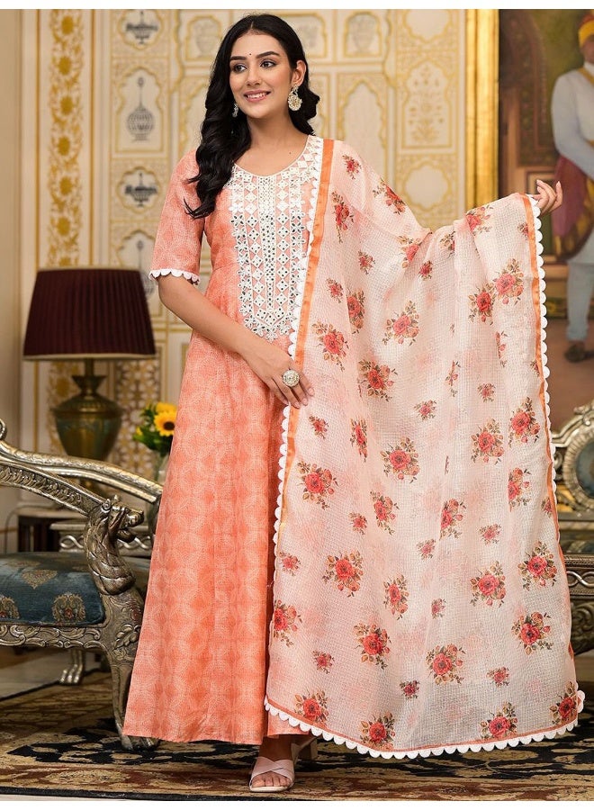 AKS Peach Kota Doria maxi dress with Floral Dupatta - Image 1
