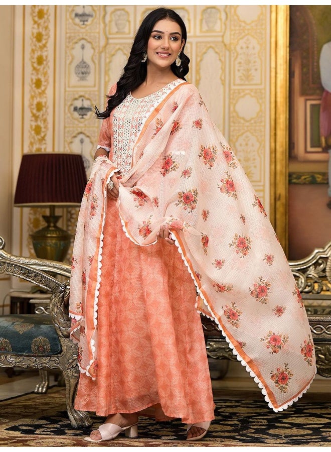 AKS Peach Kota Doria maxi dress with Floral Dupatta - Image 3