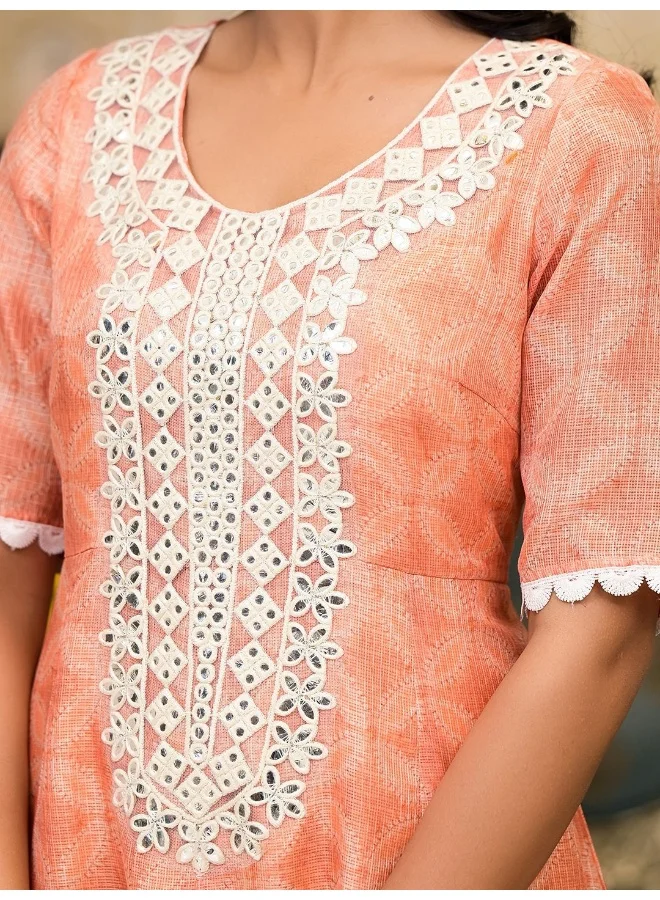 AKS Peach Kota Doria maxi dress with Floral Dupatta