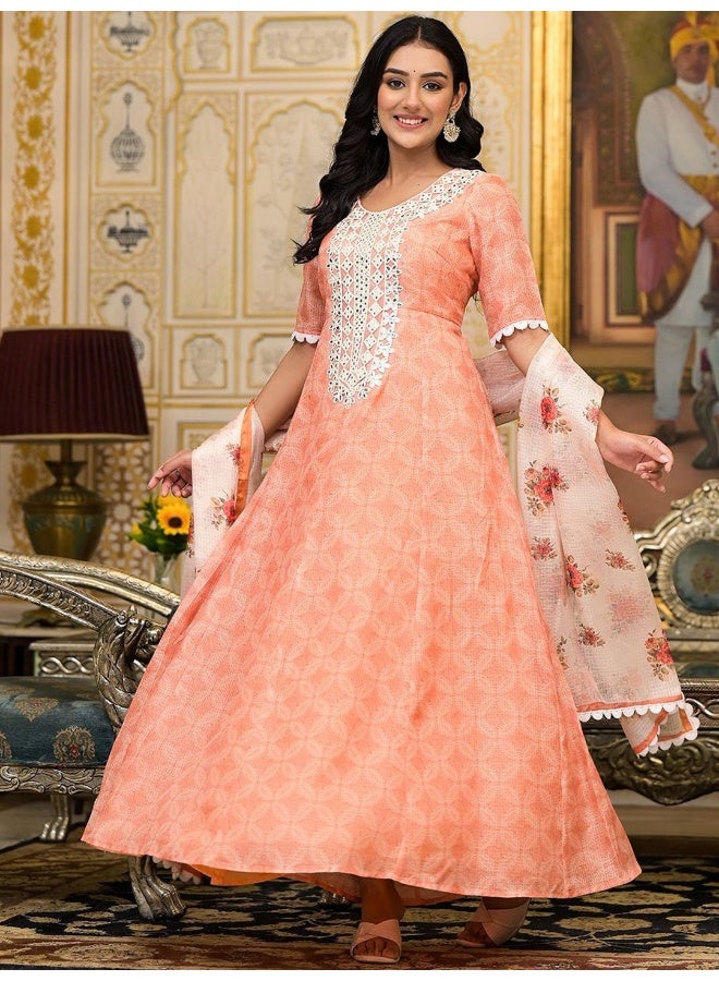 AKS Peach Kota Doria maxi dress with Floral Dupatta - Image 4
