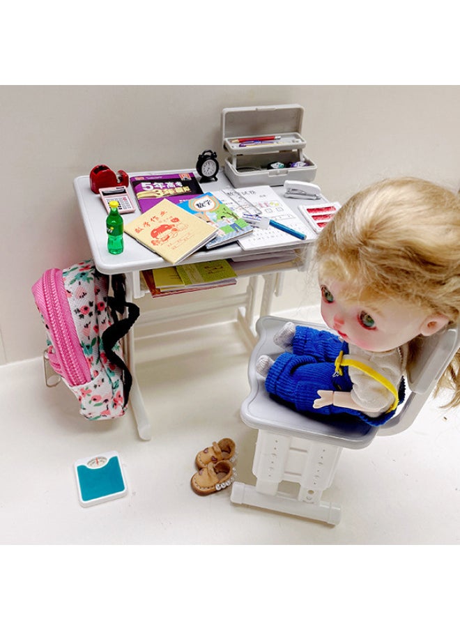 Children's Mini Small Desk Desk Miniature Food Play Simulation Small Book Textbook Stationery Pencil Box Learning Table Accessories-Color:(pink Model) Combination Desk + Chair + Pen Box  - Image 4