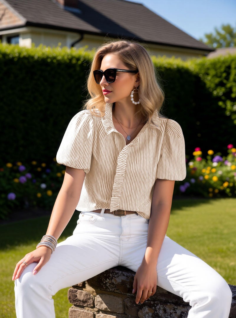 Disamer Womens Puffy Sleeves Tops Button Down Shirt Ruffle Shirt Short Striped Work Tops Trendy Babydoll Stand Collar Blouse,Striped Apricot,Small - Image 5