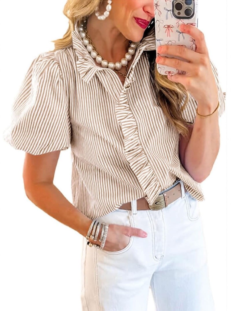 Disamer Womens Puffy Sleeves Tops Button Down Shirt Ruffle Shirt Short Striped Work Tops Trendy Babydoll Stand Collar Blouse,Striped Apricot,Small - Image 1