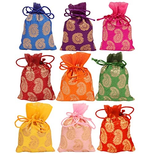 Touchstone Drawstring Bags Traditional Indian Handcrafted in Paisley Pattern Brocade fabric Perfect for Gifts Jewelry Weddings Sweet Distribution Set of 9 Vibrant Multicolor Pouches Purses Potli - Image 1