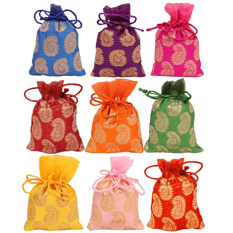Touchstone Drawstring Bags Traditional Indian Handcrafted in Paisley Pattern Brocade fabric Perfect for Gifts Jewelry Weddings Sweet Distribution Set of 9 Vibrant Multicolor Pouches Purses Potli - Image 2