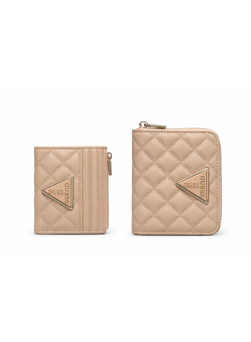 Guess Quilted Card Holder & Zip Wallet Set – Beige with Triangle Logo