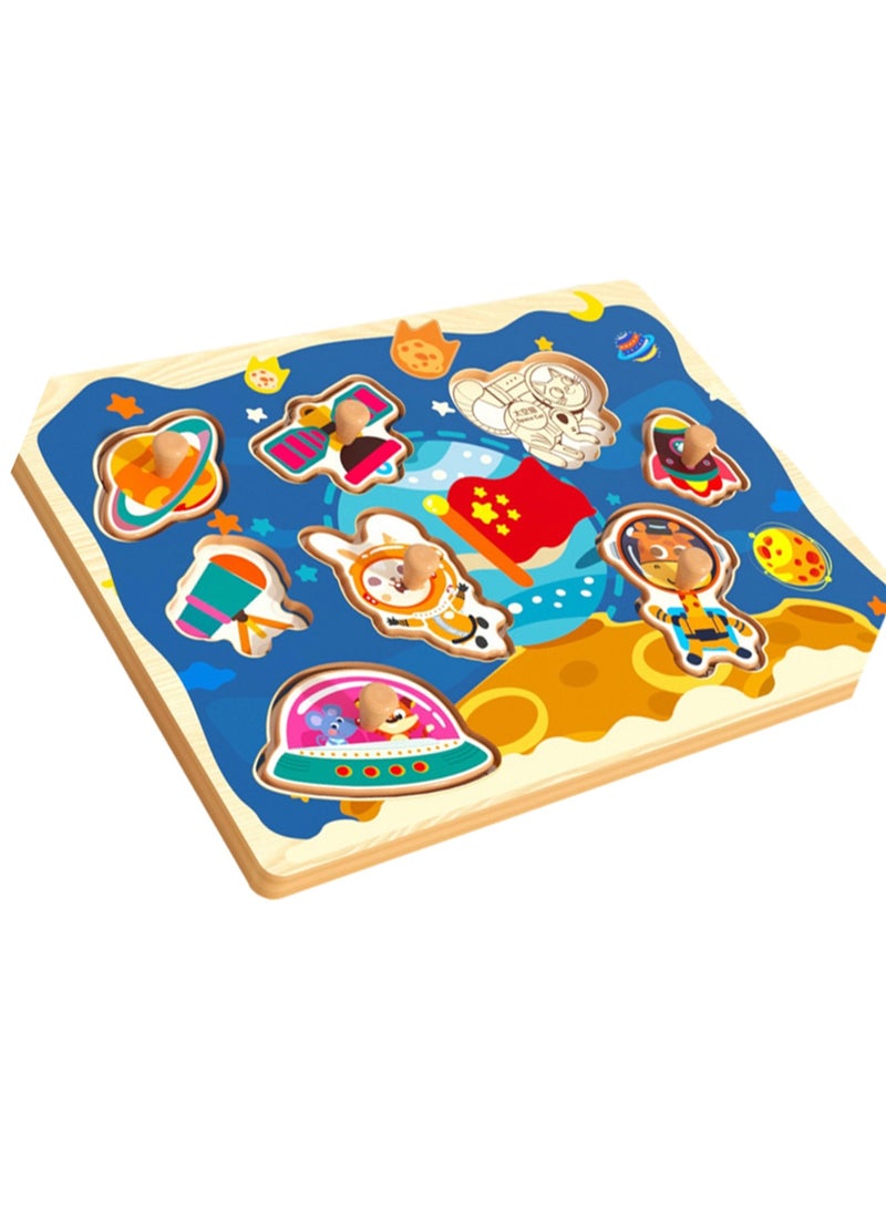 30cm Space Theme Hand Grab Jigsaw Puzzle Board 1-3 Years Old Children Wooden Peg Jigsaw Puzzle Toy With Handle, Children'S Fine Motor Skills Learning Education, Ideal Gift For 1 - 2 - 3 Years Old Boys And Girls - Image 1