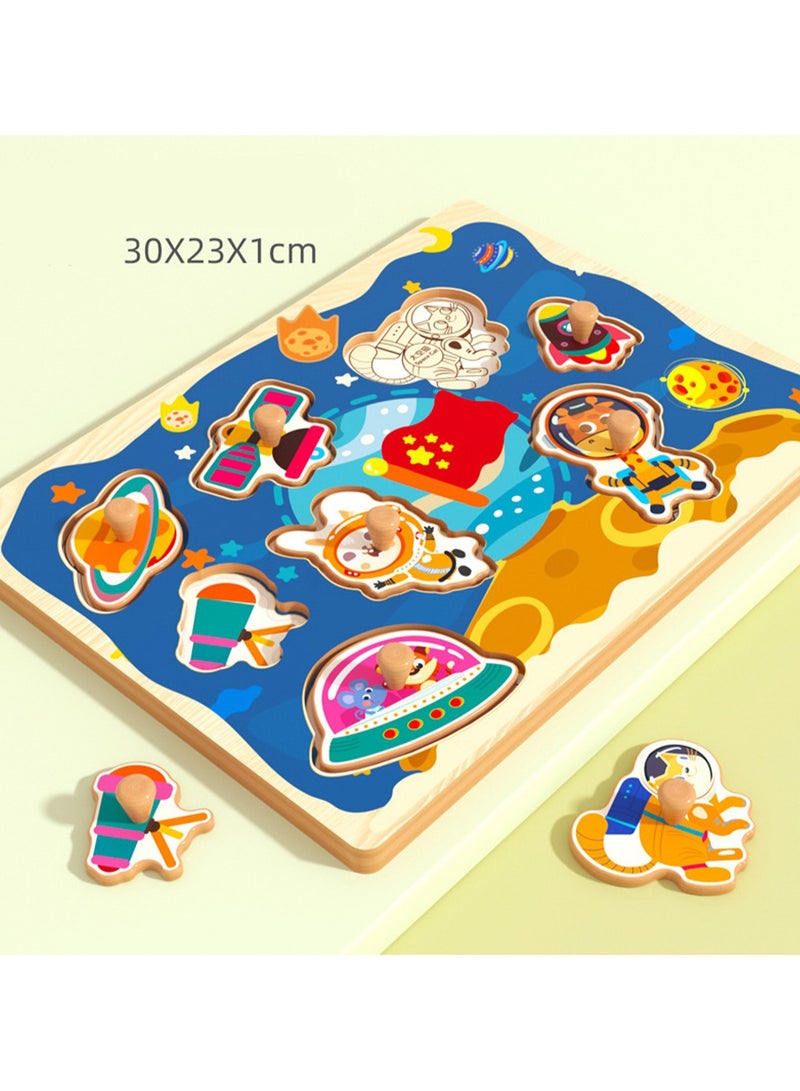 30cm Space Theme Hand Grab Jigsaw Puzzle Board 1-3 Years Old Children Wooden Peg Jigsaw Puzzle Toy With Handle, Children'S Fine Motor Skills Learning Education, Ideal Gift For 1 - 2 - 3 Years Old Boys And Girls - Image 2