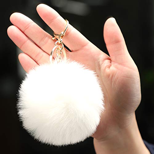 Soleebee Soft Artificial Rabbit Fur Keychain Plush Ball Key Ring Cute Pom Pom Bag Charm for Women Girls (White) - Image 4