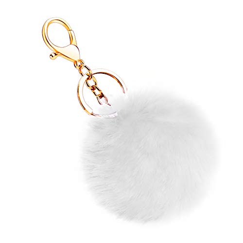 Soleebee Soft Artificial Rabbit Fur Keychain Plush Ball Key Ring Cute Pom Pom Bag Charm for Women Girls (White) - Image 1