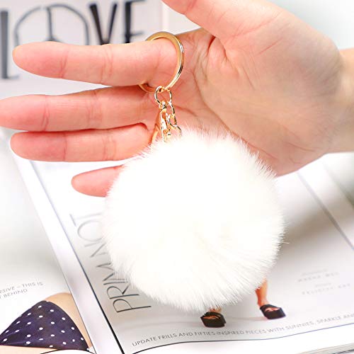 Soleebee Soft Artificial Rabbit Fur Keychain Plush Ball Key Ring Cute Pom Pom Bag Charm for Women Girls (White) - Image 2