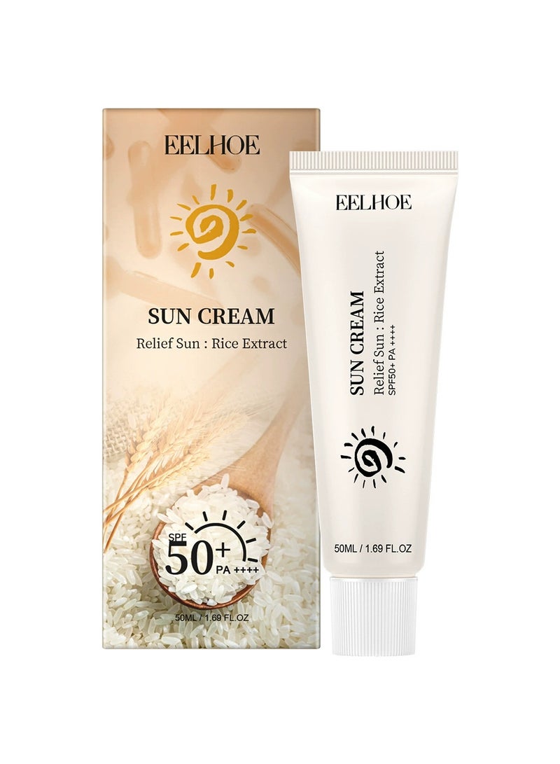إيلهو واقي من الشمس SPF 50 ، كريم شمس للأرز ، PA +++ SPF 50 كريم الشمس مع مستخلصات الأرز ، كريم واقي من الشمس مرطب للجسم والوجه ، حماية قوية من الأشعة فوق البنفسجية UVA و UVB ، واقي من الشمس مقاوم للماء وغير دهني ، 50 مل - Image 1