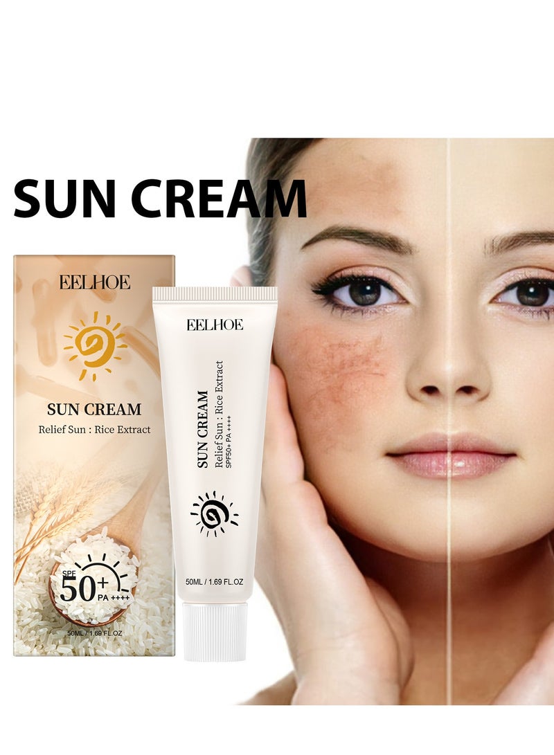 إيلهو واقي من الشمس SPF 50 ، كريم شمس للأرز ، PA +++ SPF 50 كريم الشمس مع مستخلصات الأرز ، كريم واقي من الشمس مرطب للجسم والوجه ، حماية قوية من الأشعة فوق البنفسجية UVA و UVB ، واقي من الشمس مقاوم للماء وغير دهني ، 50 مل - Image 2