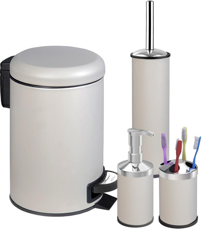 Siliwax Elite Series 4-Piece Bathroom Set Trash Can WC Brush Soap Dish Toothbrush Holder Set - Beige (3 Lt) (Soft Close) - Image 1