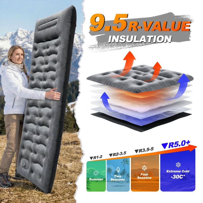 KASBAH Camping Sleeping Pad, 9.5R-Value Thick 6 inch Camping Mat with Pillow Built-in Foot Pump Inflatable Sleeping Pads Compact for Camping Backpacking Hiking Traveling - Image 2
