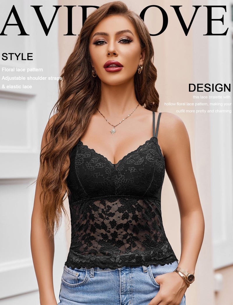 Avidlove صدرية أفيذ لوف الدانتيل للنساء بتصميم V نك كاميسول ملابس داخلية بحمالات رفيعة بلون أسود مقاس متوسط - Image 3