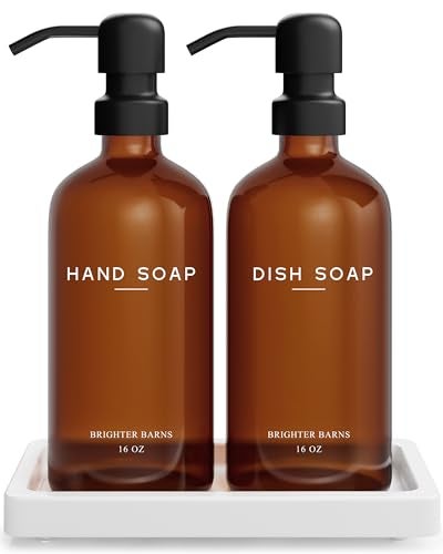 Brighter Barns Amber Glass Hand and Dish Soap Dispenser Set by Brighter Barns - Kitchen Soap Dispenser Set with Tray for Kitchen, Airbnb, Vacation Rental or Restaurant - Modern Kitchen Decor & Accessories (Amber) - Image 1