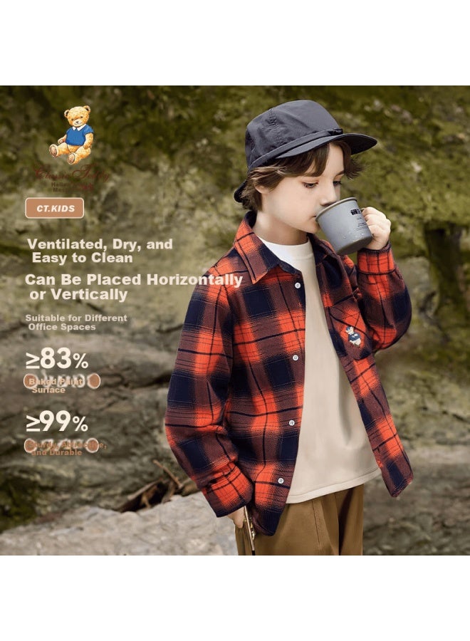 Classic Teddy Boys' Long Sleeve Plaid Shirt Children's Spring Cardigan Top Dark Orange 130