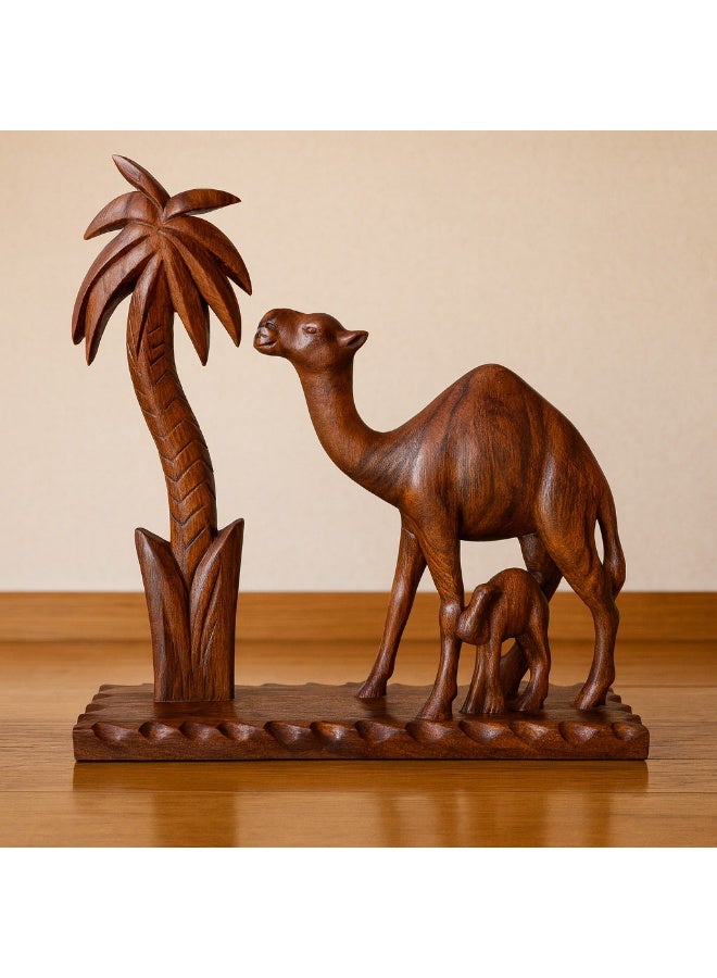 Hand Crafted Wooden Camel And Palm Tree Decorative Display Piece - Image 1