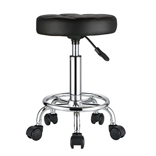 HMTOT Round Rolling Stools PU Leather Seat Height Adjustable Swivel Stool with Wheels Black - Image 4