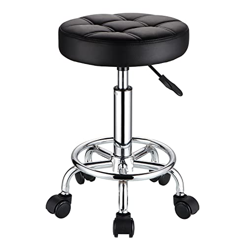 HMTOT Round Rolling Stools PU Leather Seat Height Adjustable Swivel Stool with Wheels Black - Image 1