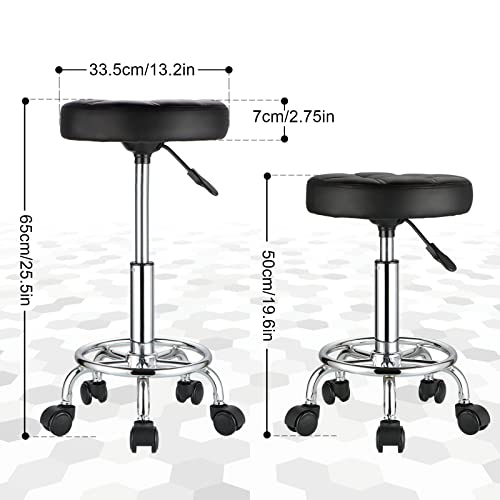 HMTOT Round Rolling Stools PU Leather Seat Height Adjustable Swivel Stool with Wheels Black - Image 3