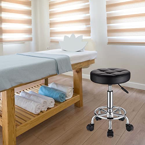 HMTOT Round Rolling Stools PU Leather Seat Height Adjustable Swivel Stool with Wheels Black - Image 2