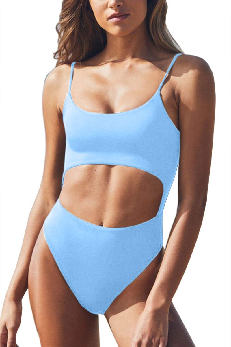 Meyeeka Womens Scoop Neck Cut Out Front Lace Up Back High Cut Monokini One Piece Swimsuit (M, Light Blue) - Image 3