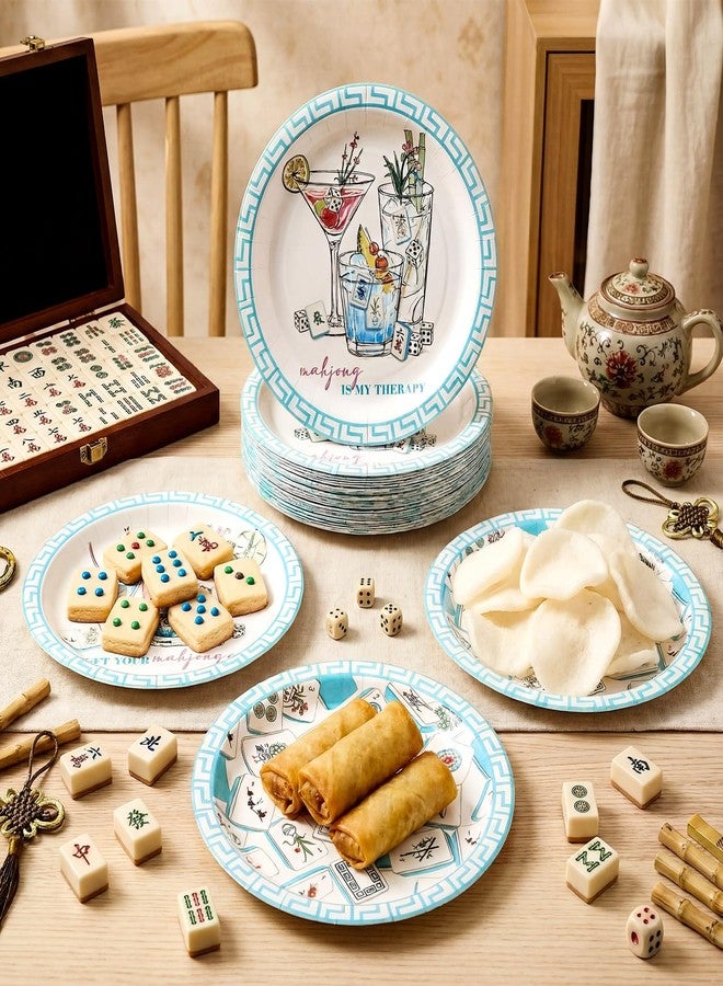 Moinchore 100 Pcs Summer Mahjong Paper Plates 9 Inch Cocktail Disposable Dinner Round Plates for Summer Mahjong Game Night Holiday Birthday Party Table Decoration Supplies - Image 5