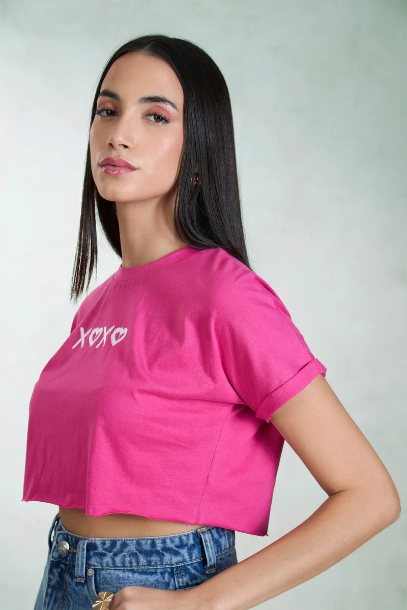 Virgio VIRGIO 100% Cotton Knit Pink Boxy Crop Graphic Tee
