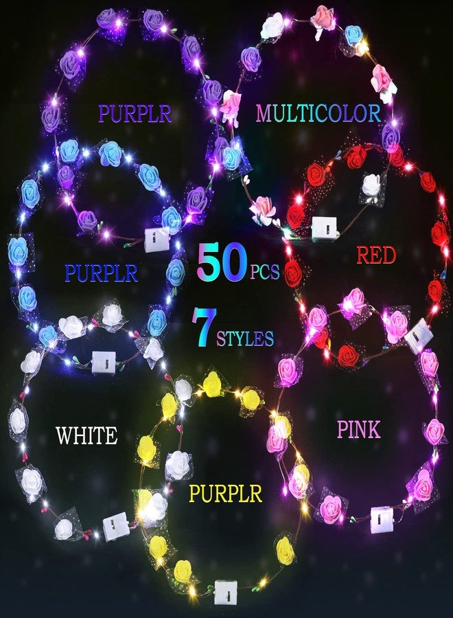 Chumia 50 Pcs LED Flower Crowns Headbands Light up Flower Hair Wreath Garlands Glowing Floral Headpiece for Halloween Girls Women Cosplay Holiday Wedding Party - Image 3
