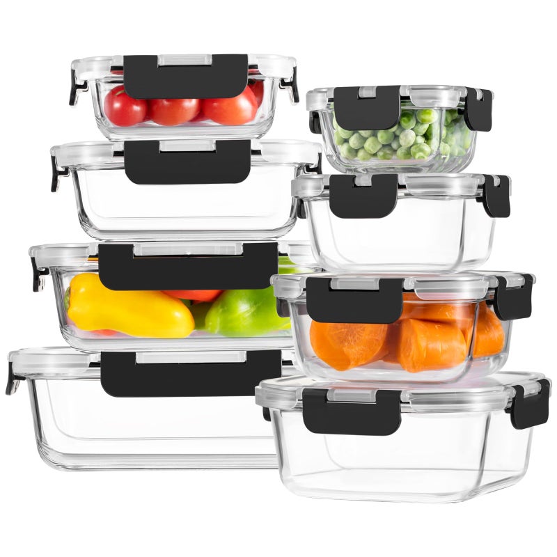 HOMBERKING 8 Pack Borosilicate Glass Food Storage Containers with Lids, Glass Meal Prep Containers, Airtight Bento Lunch Boxes with Snap Locks, Oven, Freezer and Dishwasher Safe, BPA Free, Kitchen Storage Set - Image 1
